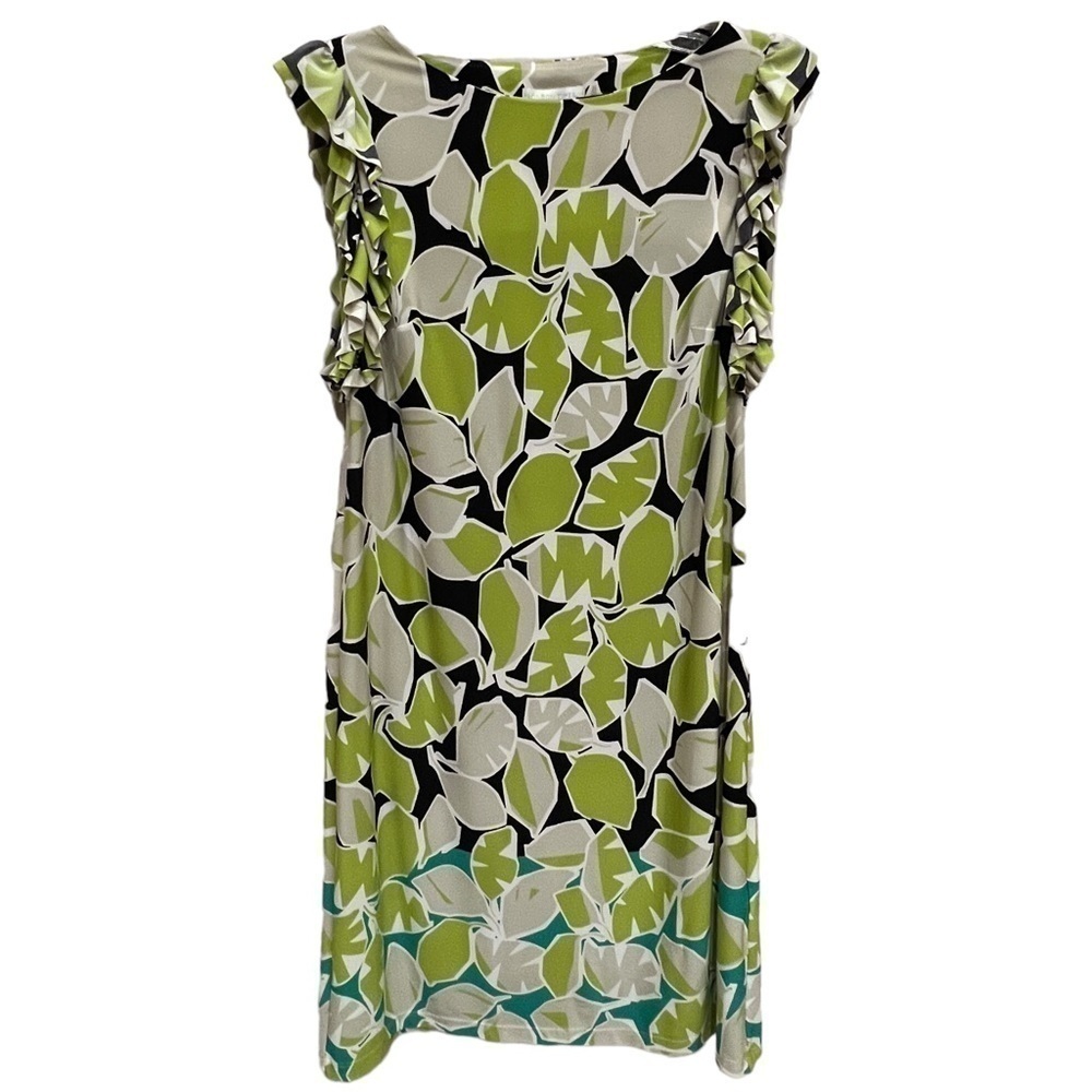 London Times Lime Green Leaves Ruffled Shift Dress, Size 4